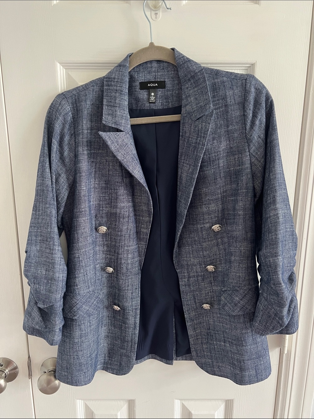 Aqua Heathered Navy Double-Breasted Blazer